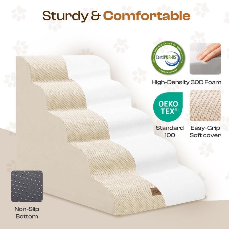 Miorun Extra Wide Dog Stairs for Large Dogs Up to 80lbs, 25" Pet Steps for High Bed with Washable Cover, 5-Step Foam Bed & Couch Ladder for Small Medium Dogs & Senior Cat, Beige - Image 3