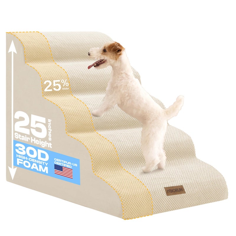 Miorun Extra Wide Dog Stairs for Large Dogs Up to 80lbs, 25" Pet Steps for High Bed with Washable Cover, 5-Step Foam Bed & Couch Ladder for Small Medium Dogs & Senior Cat, Beige - Image 1