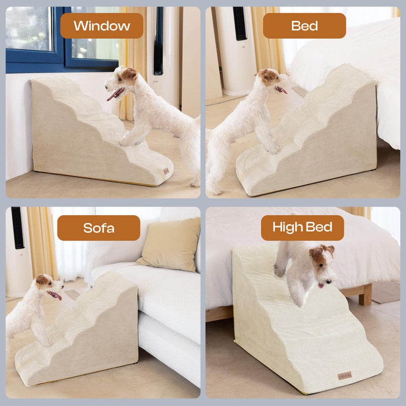 Miorun Extra Wide Dog Stairs for Large Dogs Up to 80lbs, 25" Pet Steps for High Bed with Washable Cover, 5-Step Foam Bed & Couch Ladder for Small Medium Dogs & Senior Cat, Beige - Image 5