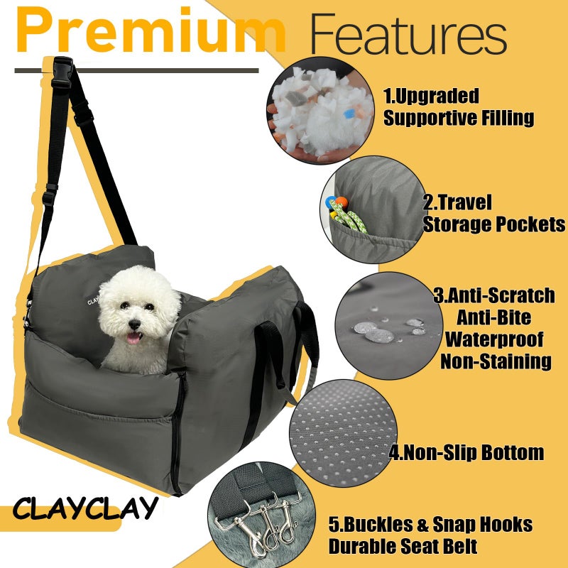 CLAYCLAY Dog Car Seat for Small Dogs, Waterproof Dog Booster with Safety Strap, Portable Soft Padded Washable Pet Travel Bed with Storage Pockets - Image 4