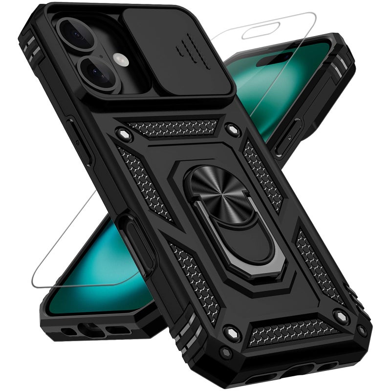 PUSHIMEI for iPhone 17 Case, with Slide Camera Cover HD Screen Protector [Military Grade 16ft. Drop Tested] Ring Holder Kickstand Protective Phone Case for Apple iPhone 17, Black - Image 1