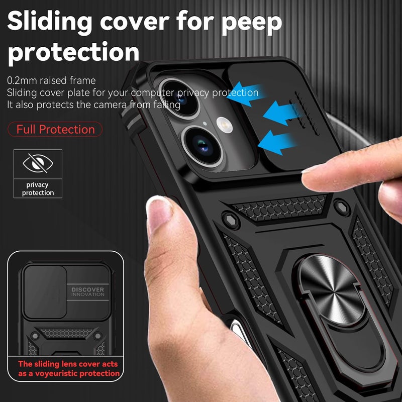 PUSHIMEI for iPhone 17 Case, with Slide Camera Cover HD Screen Protector [Military Grade 16ft. Drop Tested] Ring Holder Kickstand Protective Phone Case for Apple iPhone 17, Black - Image 3