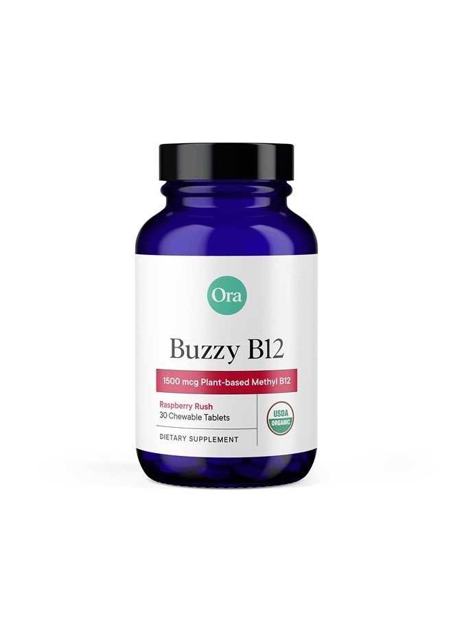 Ora Organic Vitamin B12 1500mcg - plant-based methylcobalamin for adults - Natural stimulant-free energy, Raspberry flavor chewable tablets, no added sugar - 30 tablets - Image 1