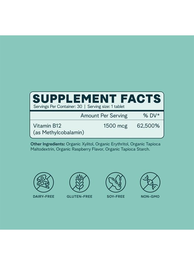 Ora Organic Vitamin B12 1500mcg - plant-based methylcobalamin for adults - Natural stimulant-free energy, Raspberry flavor chewable tablets, no added sugar - 30 tablets - Image 2