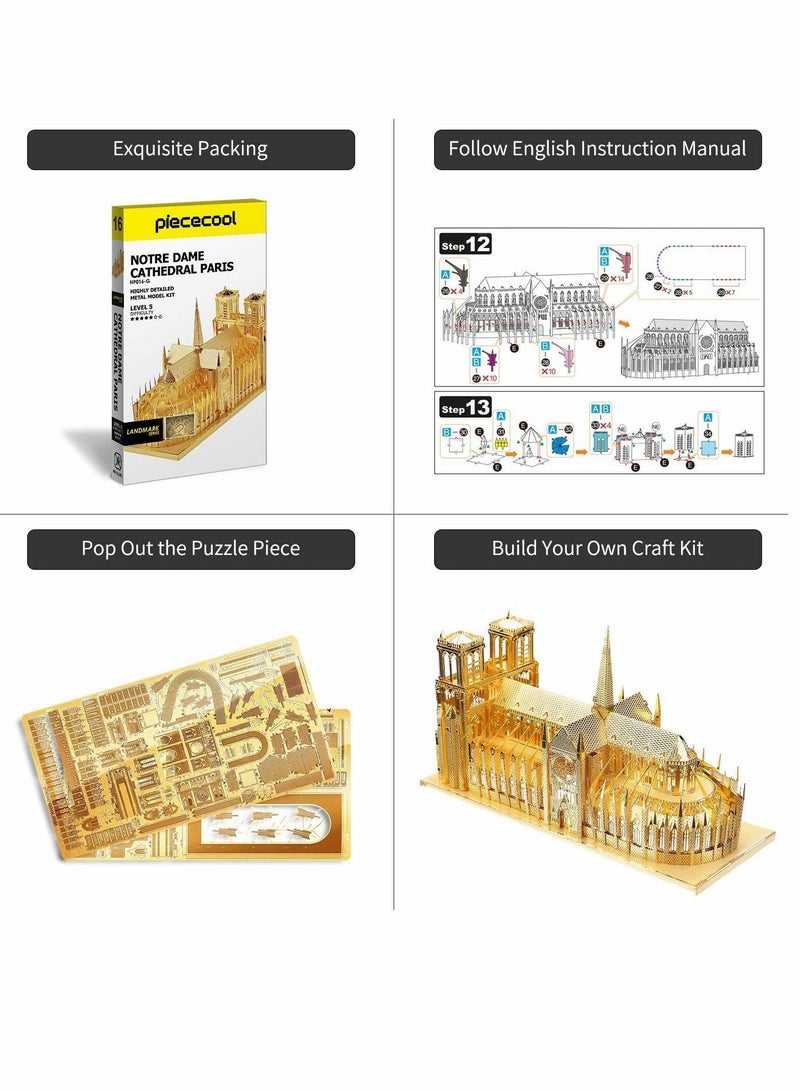 Y&D 3D Metal Puzzle for Adults, Gold Notre Dame De Paris Church Model Kit, French Cathedral Architecture Building Kits, Brain Teaser - Image 5
