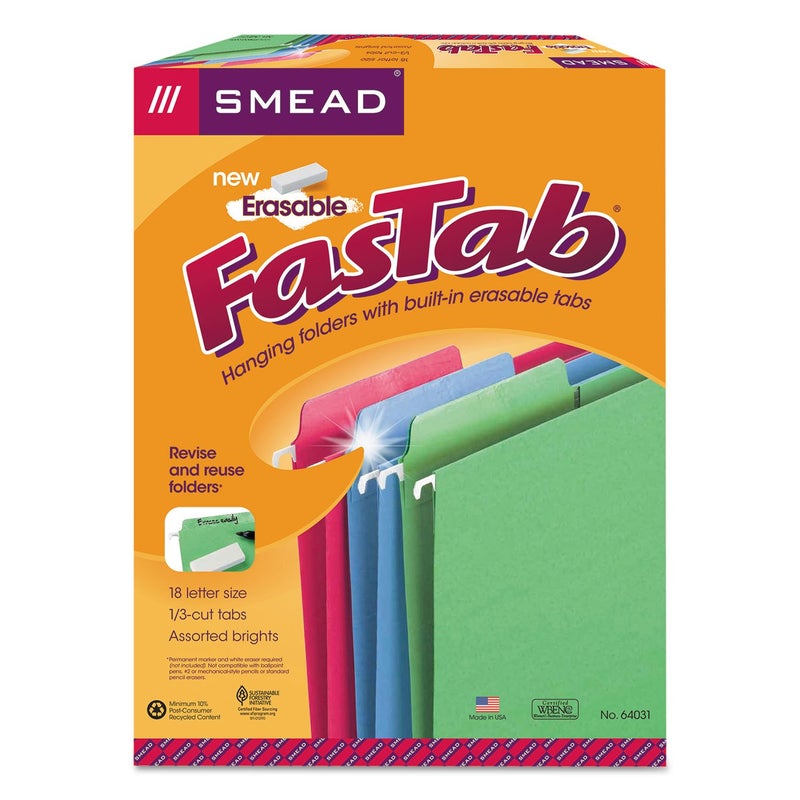 Smead Erasable FasTab Hanging File Folder, 1/3-Cut Built-in Tab, Letter Size, Assorted Primary Colors, 18 per Box (64031), Primary Color Assortment - Image 2