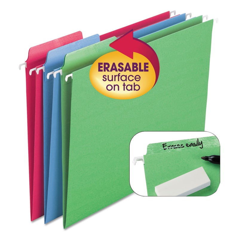 Smead Erasable FasTab Hanging File Folder, 1/3-Cut Built-in Tab, Letter Size, Assorted Primary Colors, 18 per Box (64031), Primary Color Assortment - Image 1