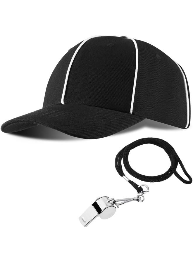 BBTO Adjustable Black with White Stripes Football Cap, Official Referee Hat and Stainless Steel Whistle with Lanyard for Football Refs, Umpires, Linesman - Image 1