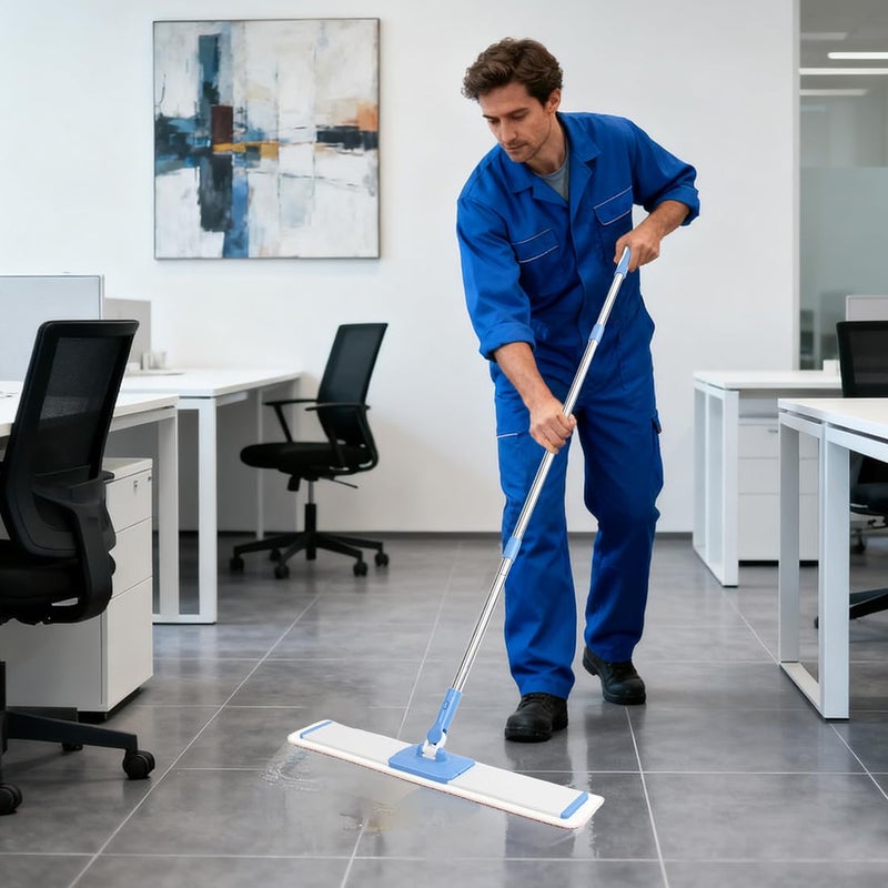 CQT Commercial Flat Microfiber Floor Mop Cleaning System 24" Inch Wet Dry and Dust Hardwood with 4 Washable Pads Cleaner for Laminate Tile Stainless Steel Handle and Extension (Blue) - Image 2