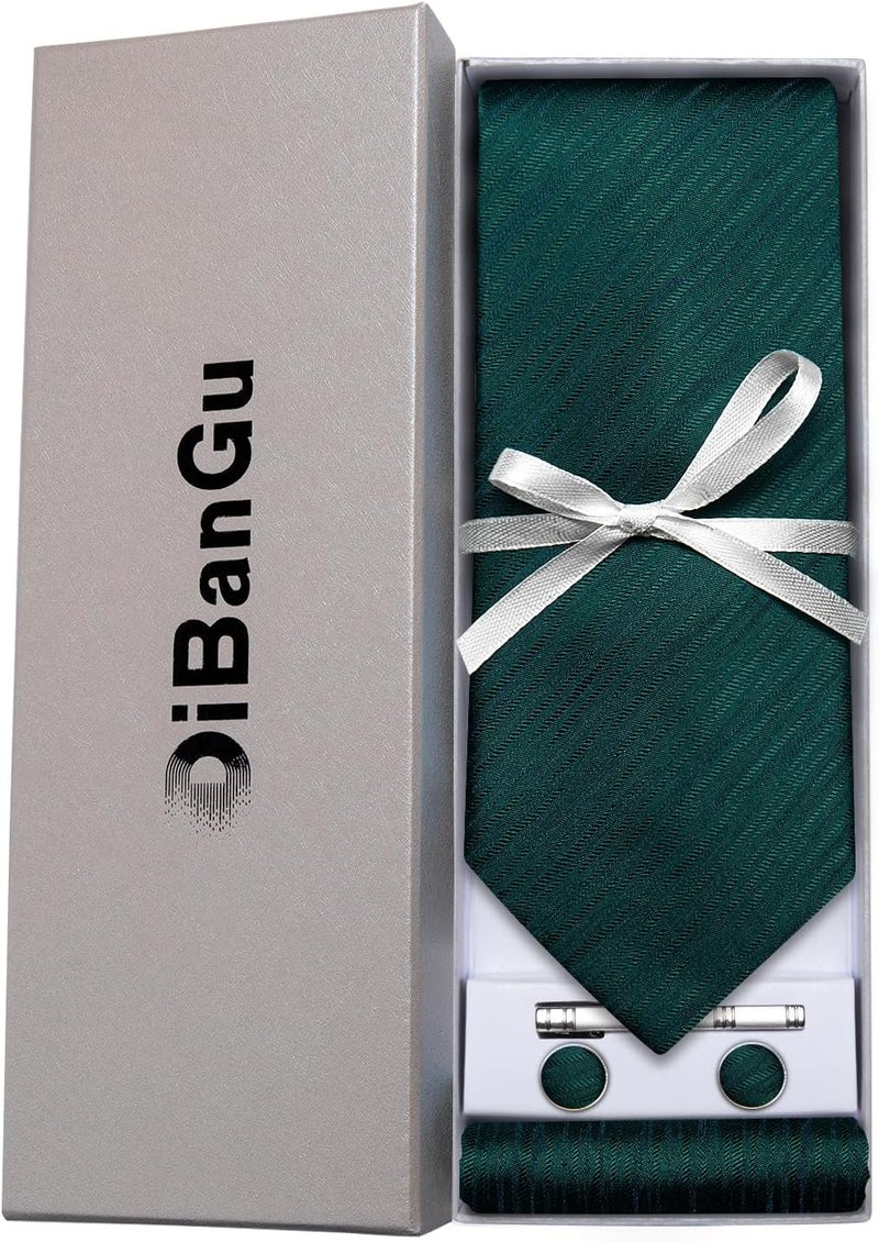DiBanGu Mens Silk Necktie Solid Color Tie and Pocket Square Cufflink Tie Clip Set Woven Plain Ties for Men Wedding Party - Image 4