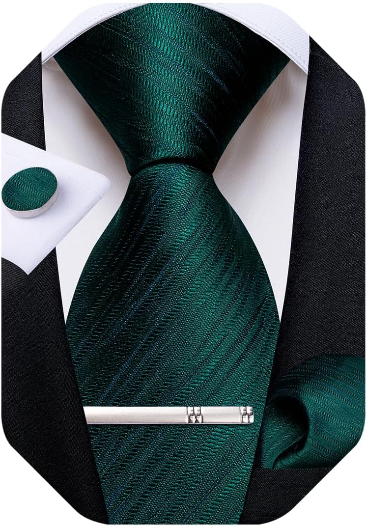DiBanGu Mens Silk Necktie Solid Color Tie and Pocket Square Cufflink Tie Clip Set Woven Plain Ties for Men Wedding Party - Image 1
