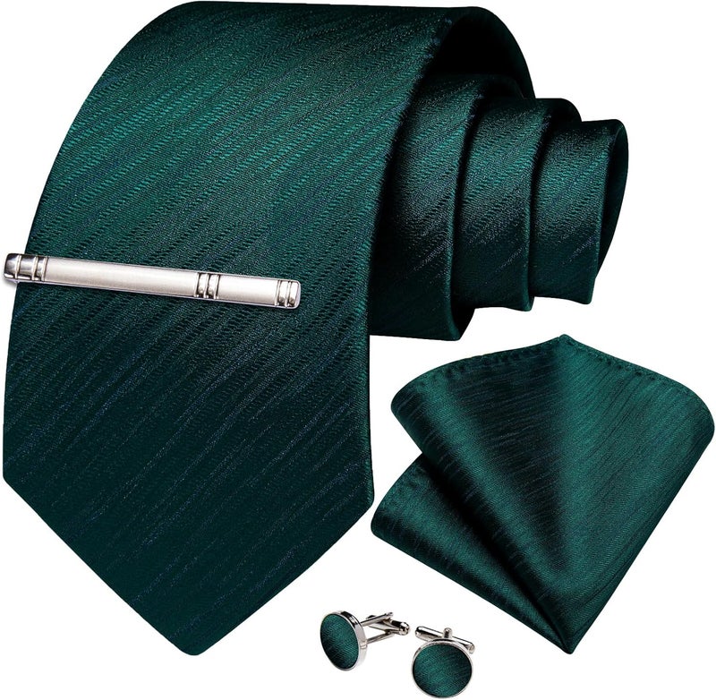DiBanGu Mens Silk Necktie Solid Color Tie and Pocket Square Cufflink Tie Clip Set Woven Plain Ties for Men Wedding Party - Image 2