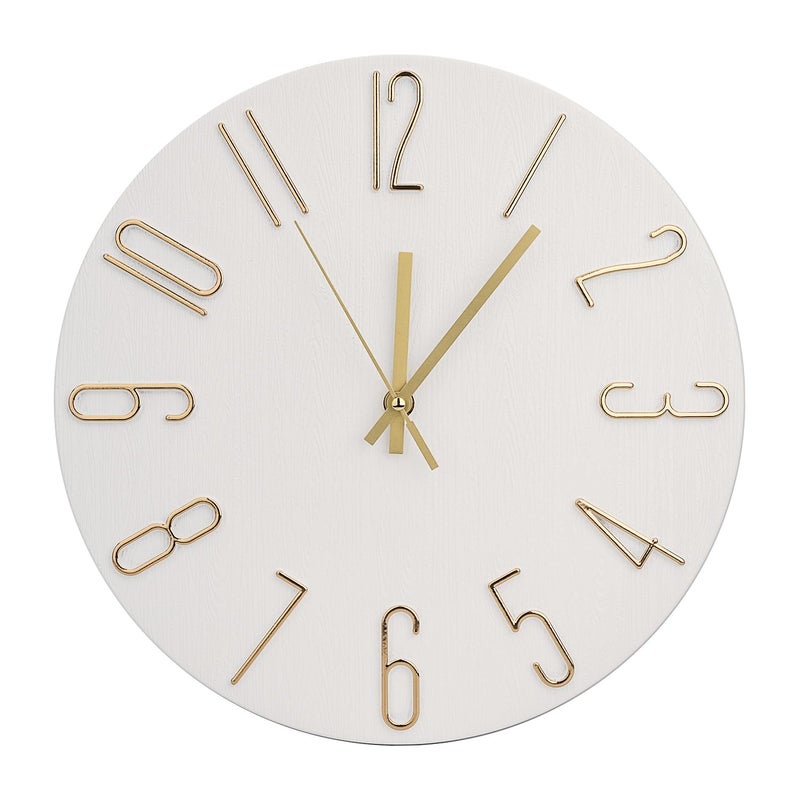 bakbrand Wall Clock 12 Inch Silent Non-Ticking Imitation Wood Indoor Clock Round White Decor Clock Modern 3D Figures Quartz Wall Clocks for Home, Hotel, Office, School, Bedroom, Living Room, Kitchen - Image 1