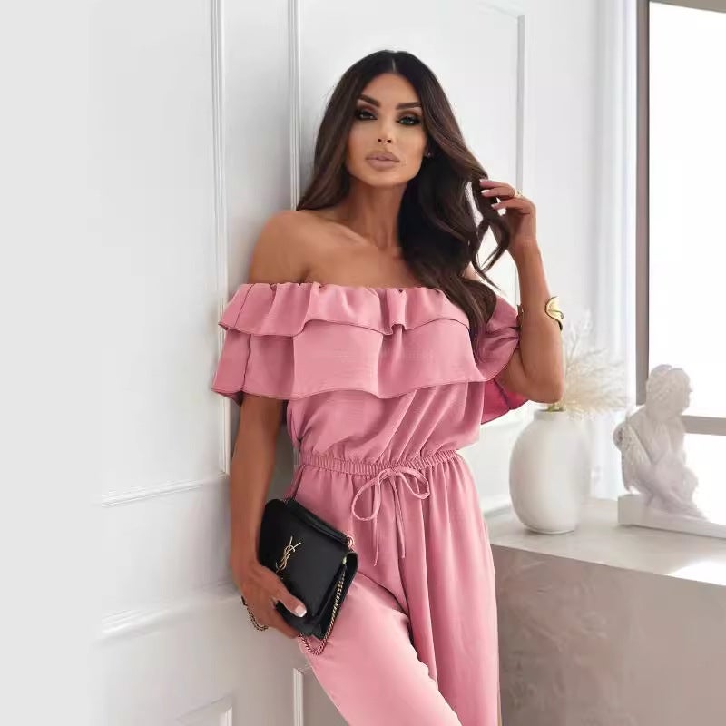 2024 New Summer Fashion Elegant One-Character Collar Solid Color Waisted Pants Women'S Clothing - Image 5