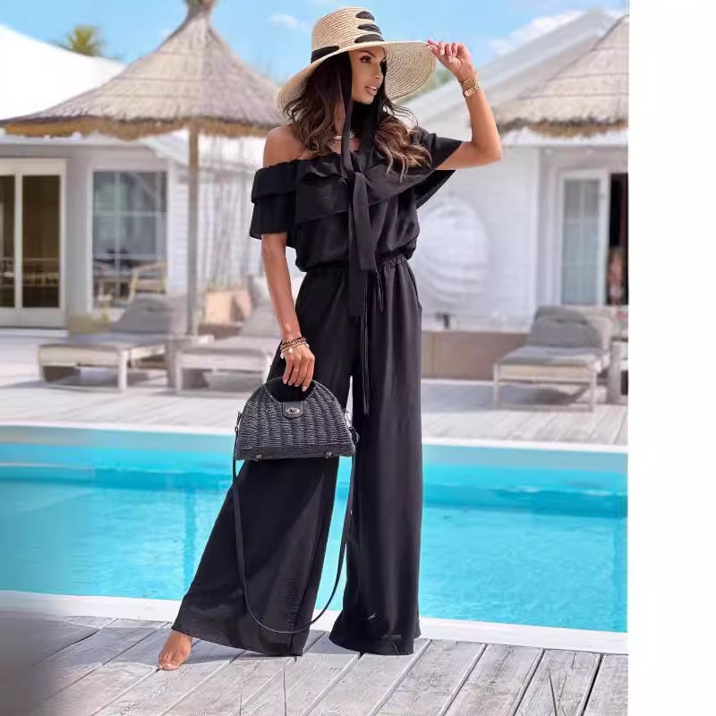 2024 New Summer Fashion Elegant One-Character Collar Solid Color Waisted Pants Women'S Clothing - Image 3