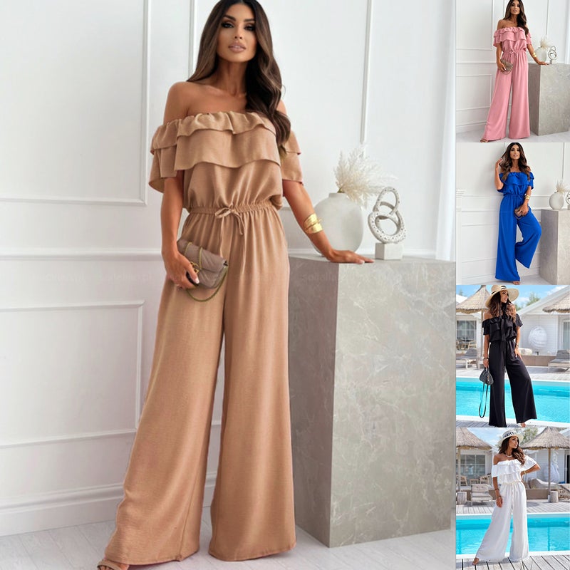 2024 New Summer Fashion Elegant One-Character Collar Solid Color Waisted Pants Women'S Clothing - Image 1