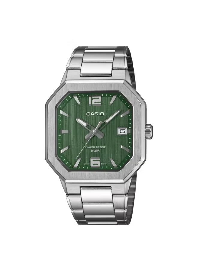 CASIO Analog Men's Watch MTP-B195D-3AVDF, 46.5 mm Textured Green Dial, Silver Stainless Steel Case & Bracelet, 50m WR