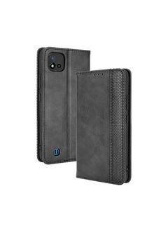 HuHa Case Cover For Realme C11 2021 / Realme C20 / Realme C20a Magnetic Buckle Retro Crazy Horse Texture Horizontal Flip Leather Case with Holder & Card Slots & Photo Frame Black 