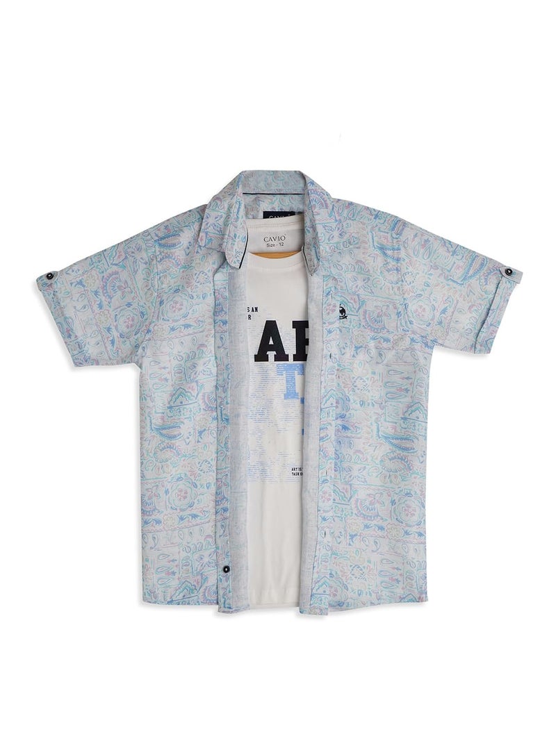 CAVIO Boys SkyBlue Abstract Printed Half Shirt with T-Shirt (13-14 Years)