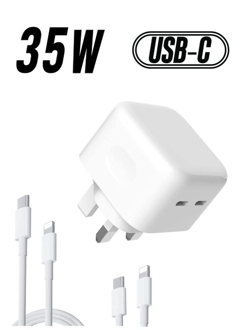 Original 35W USB-C Power Adapter For iPhone 14 13 12 11 Pro Max 14 Plus XS XR XS Max iPad Pro Macbook Dual Type C Port PD Fast Charging UK Plug Wall Charger