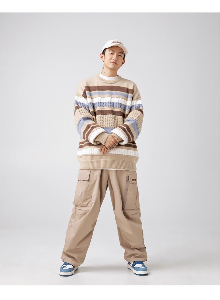 NIBEMINENT Autumn Winter  Men  Knitted Sweater Casual Couple Striped Sweater Thick Warm Knit Loose Black Wool Pullovers Coats - Image 2