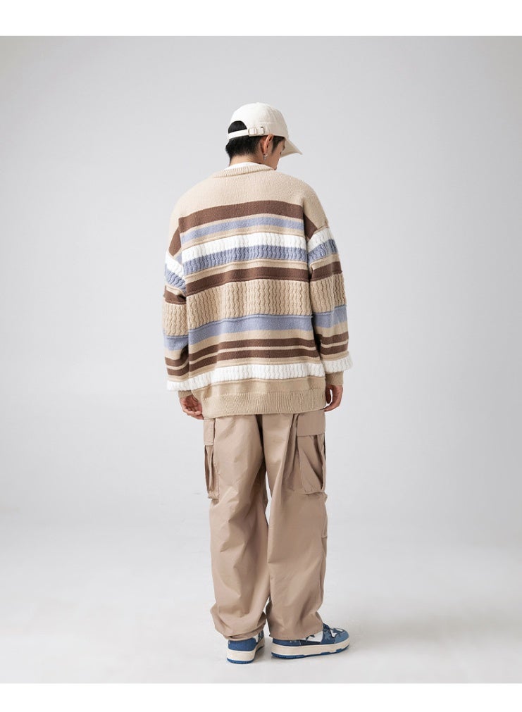 NIBEMINENT Autumn Winter  Men  Knitted Sweater Casual Couple Striped Sweater Thick Warm Knit Loose Black Wool Pullovers Coats - Image 3