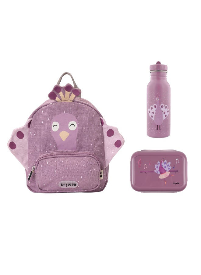 Trixie School Essential Set of 3 - Backpack Regular + Leakproof Kids Lunch Box with Clips + SS Bottle 500ml - Mrs. Peacock - Image 1