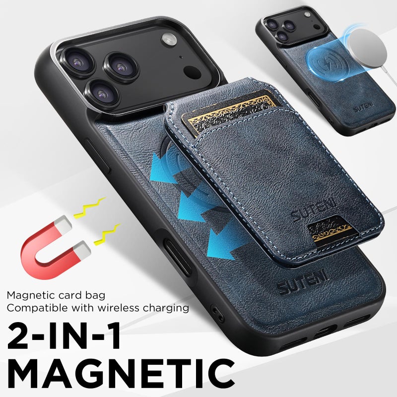 Suteni For Iphone 17 Pro M5 Magnetic Card Bag Magsafe Leather Phone Case(Blue) - Image 5