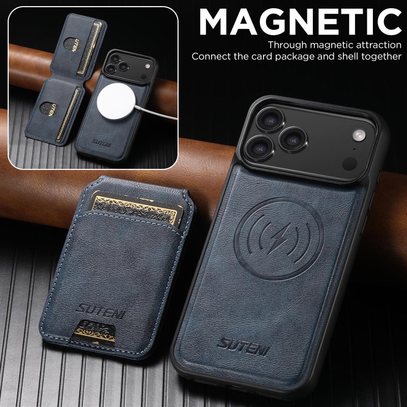 Suteni For Iphone 17 Pro M5 Magnetic Card Bag Magsafe Leather Phone Case(Blue) - Image 4