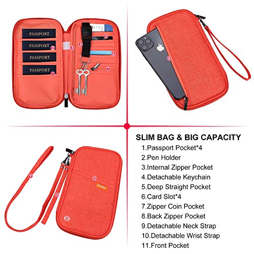 jiemei RFID Family Passport Wallet Holder Waterproof, Travel Document Organizer Credit Card Clutch Bag for Men Women (RFID Orange) - Image 3