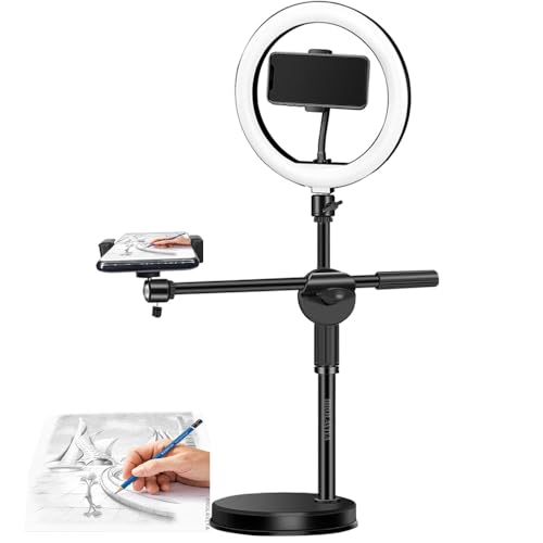 BROLAVIYA Overhead Video Floor Stand with 10-inch Ring Light, Metal arm, 1/4" Ball Head for Camera, Webcam, Gopro with Mobile Bracket for YouTube, Desktop, Bedroom, Office. - Image 1