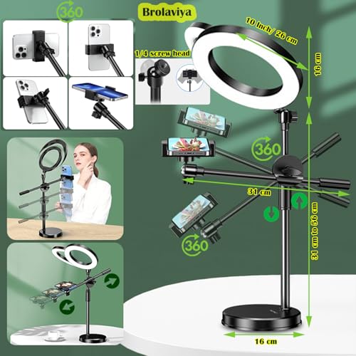 BROLAVIYA Overhead Video Floor Stand with 10-inch Ring Light, Metal arm, 1/4" Ball Head for Camera, Webcam, Gopro with Mobile Bracket for YouTube, Desktop, Bedroom, Office. - Image 5