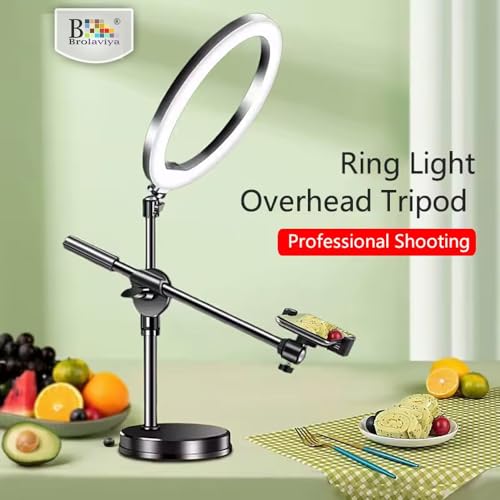 BROLAVIYA Overhead Video Floor Stand with 10-inch Ring Light, Metal arm, 1/4" Ball Head for Camera, Webcam, Gopro with Mobile Bracket for YouTube, Desktop, Bedroom, Office. - Image 2