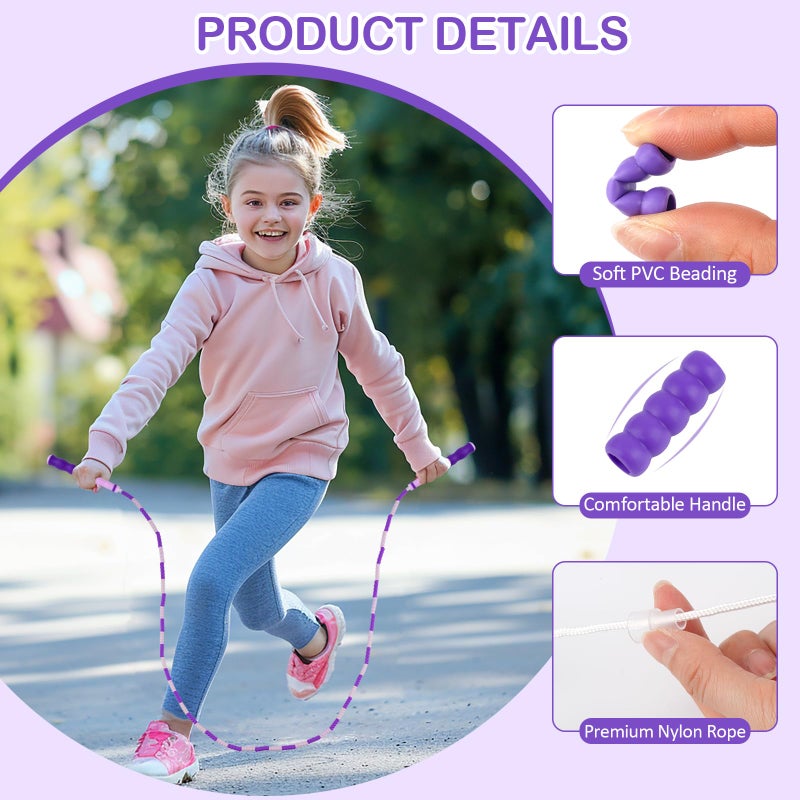 PEASUG Jump Rope for Kids, Adjustable Jump Ropes for 4 5 6 7 8 10 12, Tangle Free Jumping Rope Age 8-12, Segmented Soft Beaded Skipping Rope for Women Fitness (Pink + Purple) - Image 3