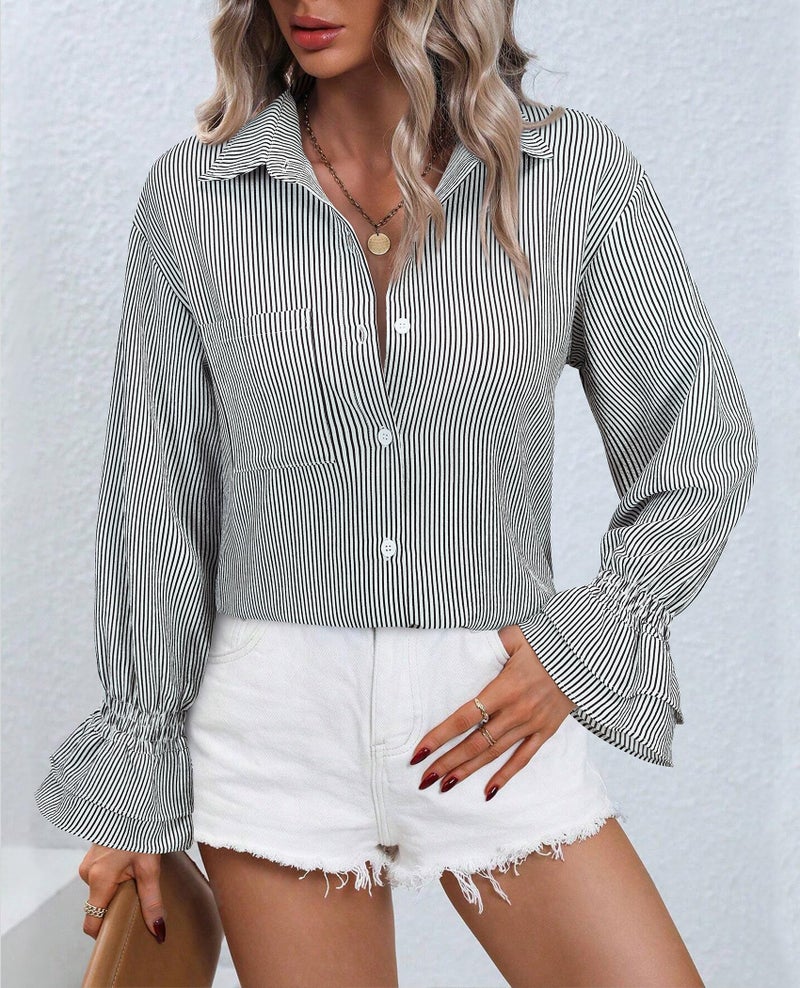 Gleeivy Striped Button Down Shirt Women Black and White Oversize Button Down Shirts Smocked Boyfriend Blouse Ruffle Casual Tops with Pocket Black and White L - Image 2