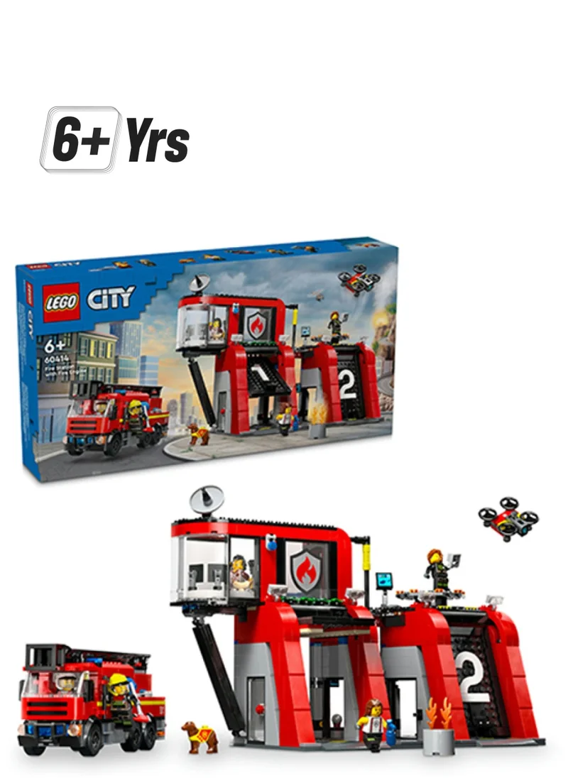 ليغو 60414 City Fire Station With Fire Engine, Firefighter Action Toy Playset, Birthday Gift Idea For Kids Aged 6 Plus Who Love Imaginative Play, Includes A Dog Figure And 5 Minifigures (843 Pieces)