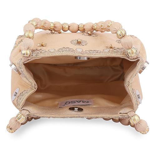 MASQ by Q-One Designer Pastel Hues Embroidered Women Silk Potli Bag for Girls, Pearl Handle and Tassel Ethnic Purse Women’s/Girls Handbag for Party (Quad-Potli_Gota-Phool_Gold) - Image 5