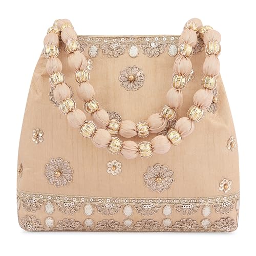 MASQ by Q-One Designer Pastel Hues Embroidered Women Silk Potli Bag for Girls, Pearl Handle and Tassel Ethnic Purse Women’s/Girls Handbag for Party (Quad-Potli_Gota-Phool_Gold) - Image 1