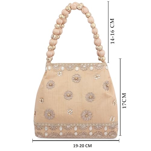 MASQ by Q-One Designer Pastel Hues Embroidered Women Silk Potli Bag for Girls, Pearl Handle and Tassel Ethnic Purse Women’s/Girls Handbag for Party (Quad-Potli_Gota-Phool_Gold) - Image 4