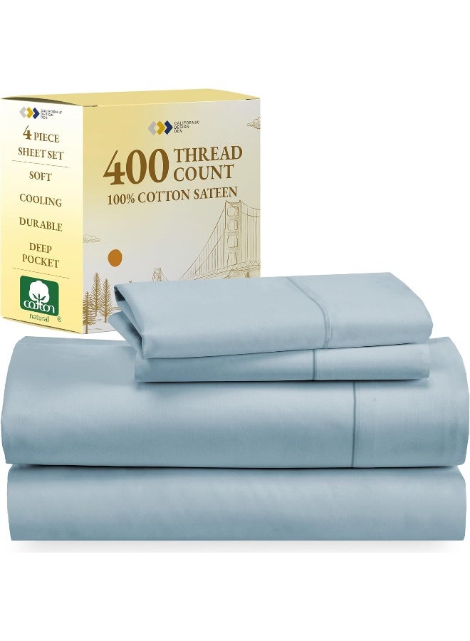 California Design Den California Design Den Softest 100% Cotton Sheets, Full Size Sheet Sets, 4 Pc Set, 400 Thread Count Sateen Bedding, Deep Pocket Sheets, Cooling Sheets, Full Size Sheets, Breathable Bed Set (Sky Blue) - Image 1
