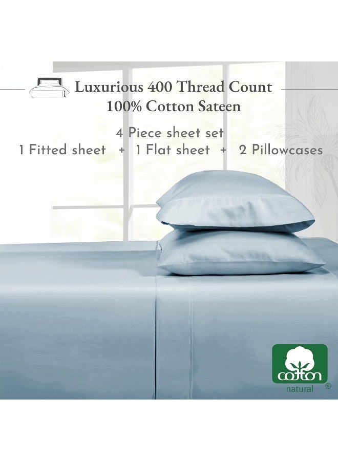 California Design Den California Design Den Softest 100% Cotton Sheets, Full Size Sheet Sets, 4 Pc Set, 400 Thread Count Sateen Bedding, Deep Pocket Sheets, Cooling Sheets, Full Size Sheets, Breathable Bed Set (Sky Blue) - Image 3