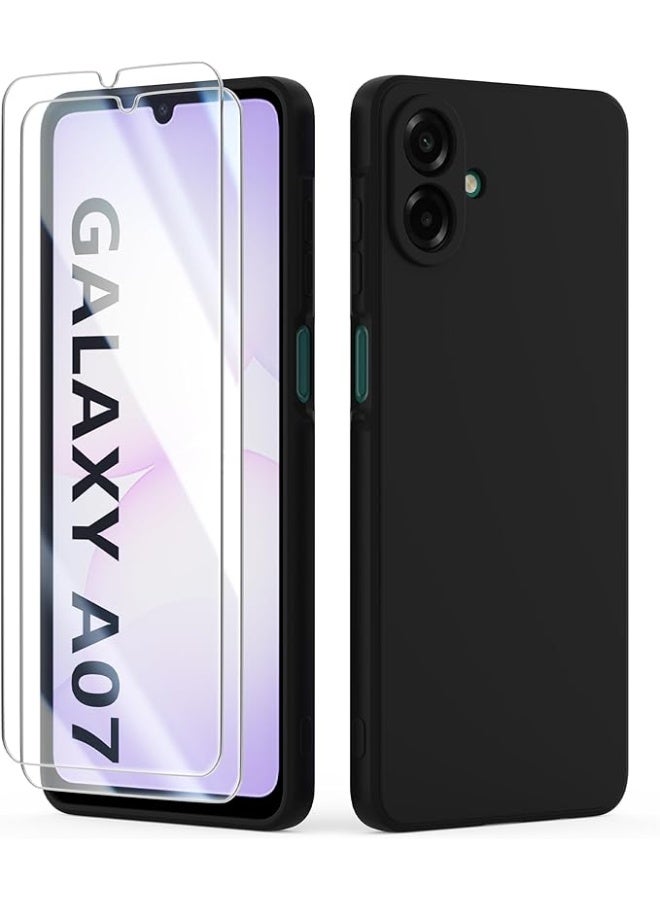 Case for Samsung Galaxy A07 4G Case with 2 Pack Tempered Glass Screen Protector, Liquid Silicone Shockproof Anti-Scratch Soft TPU Thin Phone Cover - Black - Image 1