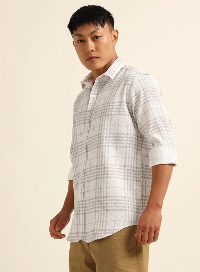Bushirt Bushirt Men White Checked Spread Collar Shirt