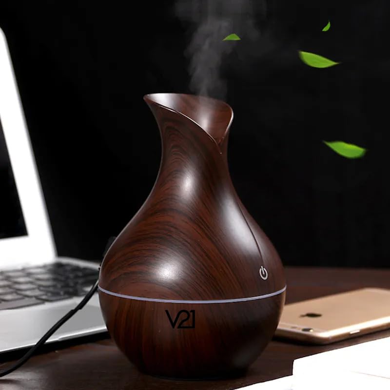 V21 130ML Portable Wood Grain Cool Mist Aroma Diffuser Mini USB Air Humidifier VaseShaped Essential Oil Diffuser with LED Night Light for Home Office Car Bedroom - Image 1