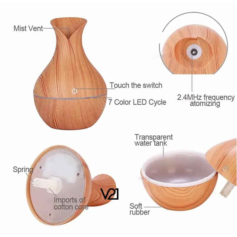 V21 130ML Portable Wood Grain Cool Mist Aroma Diffuser Mini USB Air Humidifier VaseShaped Essential Oil Diffuser with LED Night Light for Home Office Car Bedroom - Image 5