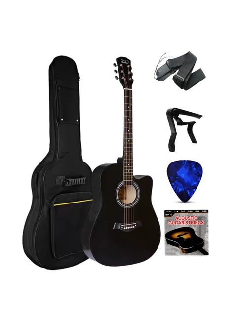 Megarya 38 Inch Acoustic Guitar Starter Pack - Full-Size Cutaway Design for Beginners & Students Wood Finish with Gig Bag, Tuner, Picks, Capo & Strap Included (Black)