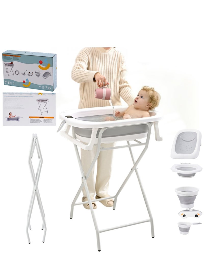 XiuWoo 7-In-1 Baby Newborn Bathtub Stand Set Gift Box No-Bending Baby Bathing Table Nursing Table (Include Shampoo Cap, Scoop, Bucket, Bath Rack,Washbasin,Bathtub,Bathtub Stand) - Image 1