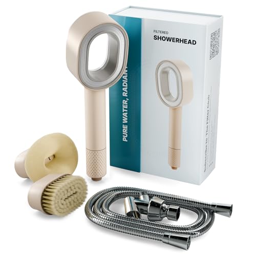 NU Aqua Handheld Filtered Shower Head Taupe With Mounting Kit High Pressure Shower Filter Protects Hair and Skin Reduces Hair Shedding Dandruff and Dry Skin Soft Brush and Sponge Exfoliator - Image 1