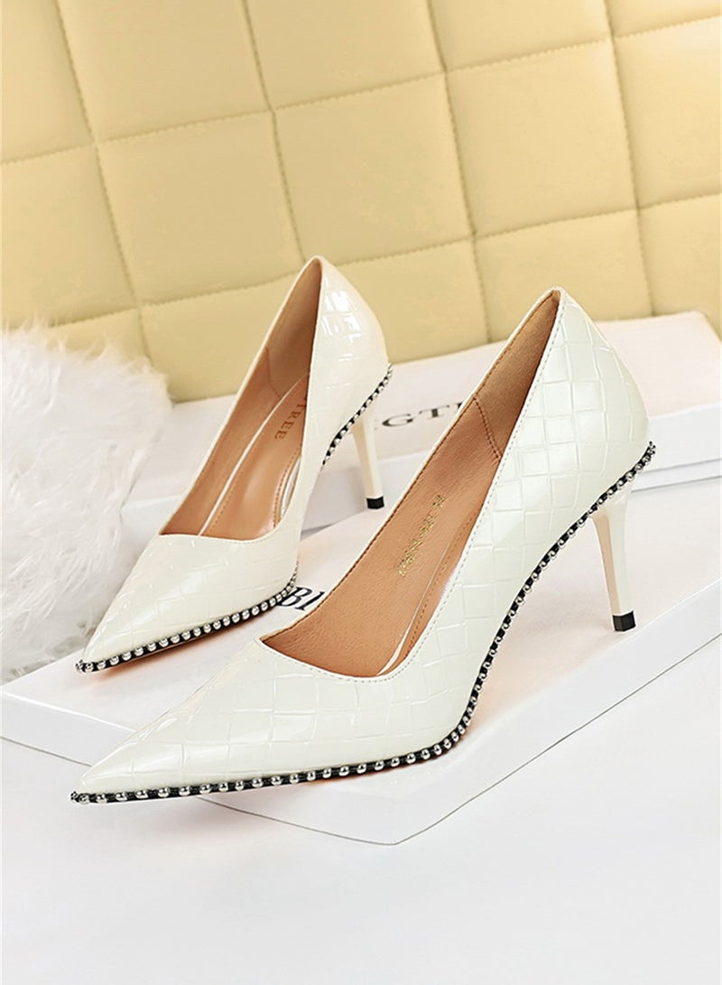 BIGTREE 8cm Fashion Simple Slim Heels High Heels Bright Surface Patent Leather Shallow Mouth Pointed Women's Heels White - Image 1