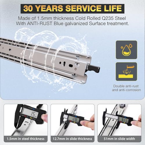 YENUO Heavy Duty Drawer Slides Full Extension with Lock Side Mount 14 16 18 20 22 24 26 28 30 32 34 36 40 Inch Metal Ball Bearing Rails Track Guide Glides Runners 120 Lbs 1 Pair (with Lock, 22 inch) - Image 5
